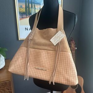 NWT Elaine Turner Elegant Two Tone Tan Suede & Leather Quilted Boho Bag